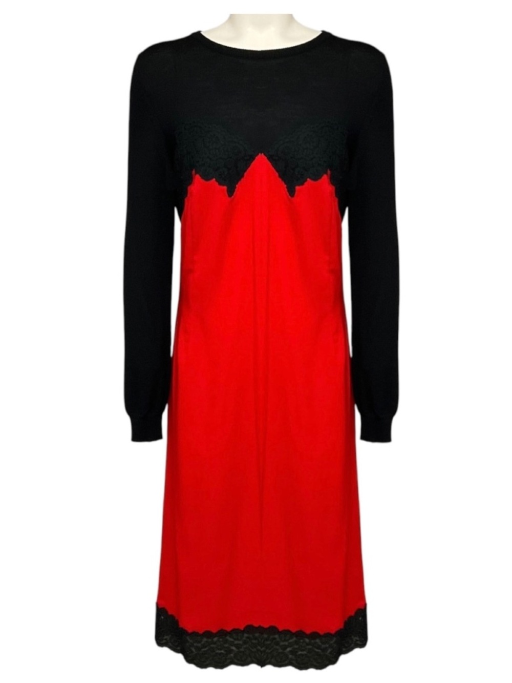 ALTUZARRA BLACK / RED MERINO WOOL KNIT AND CREPE DRESS WITH LACE TRIM